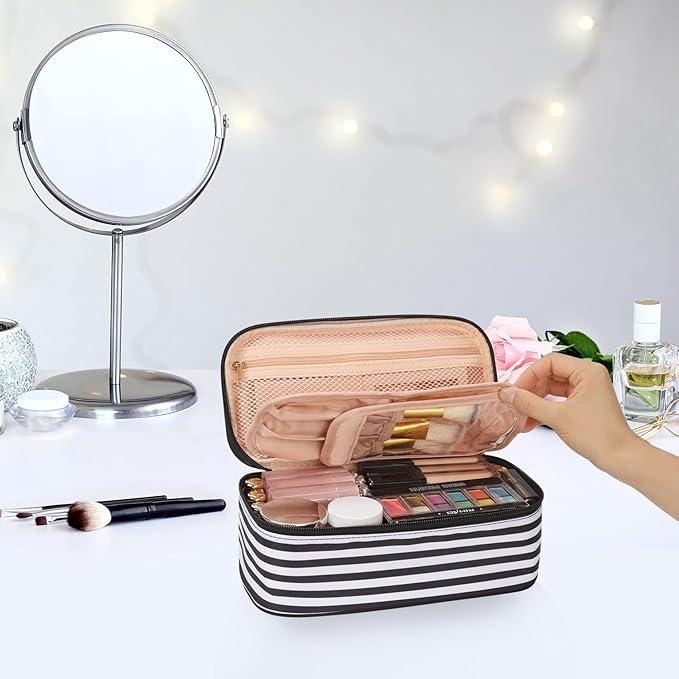 OCHEAL Small Cosmetic Bag,Portable Cute Travel Makeup Bag for Women and girls Makeup Brush Organizer cosmetics Pouch Bags-Black/White Stripes