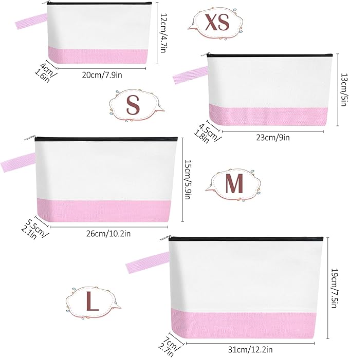 10 Pieces Cotton Canvas Makeup Bag with Bottom and Strap, Multi-Purpose Cosmetic Bag with Zipper Travel Toiletry Pouch, Blank DIY Craft Bag (White&Pink, XS)