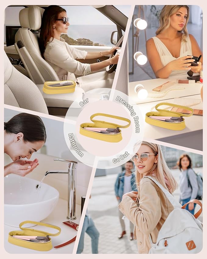 Clear Travel Makeup Brush Holder, Leather Makeup Brush Toiletry Bag, Portable Cosmetic Brush Case, Transparent Waterproof Makeup Brush Storage Bag, Yellow