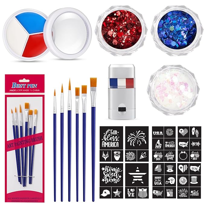 19 Pcs Halloween Face Paint Kit Red White Blue Face Paint Kit with Glitter Stencil Stickers Paint Stick Makeup Brush for Halloween Party Supplies