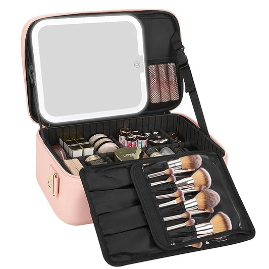 Relavel Makeup Train Case With LED Mirror, Professional Travel Cosmetic Bag with Removable Partitions,Compact Makeup Organizer, Waterproof Toiletry Case for Women, Pink