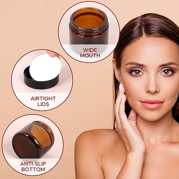 2 oz Amber Glass Jars with Lids 24Pack, Small Jars with Inner Liners for Sample, Powder, Cream, Lotion and Ointments with Stickers & Spatulas Included