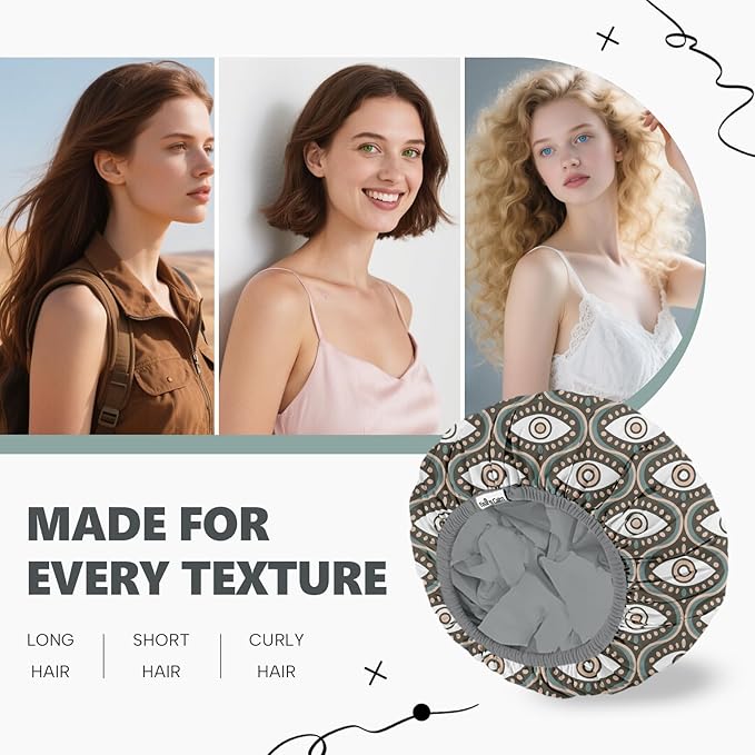 Years Calm Evil Eye Shower Caps for Women Reusable Waterproof, Pattern and Solid Color Dual-Layer Design, Hair Cap for Shower with Elastic Band, Fits Braids, Dreadlocks & Long Hair (Gray)