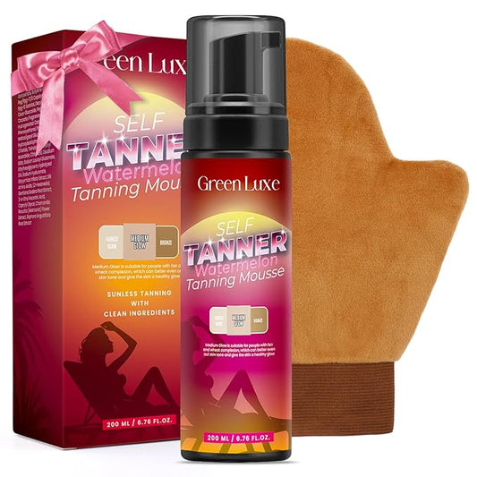 Self Tanner Mousse Kit – Light Medium Glow Sunless Tanning Foam with Hyaluronic Acid for Hydrating - Flawless & Streak-Free Watermelon Scent Fake Tan Mousse with Mitt 200 ml