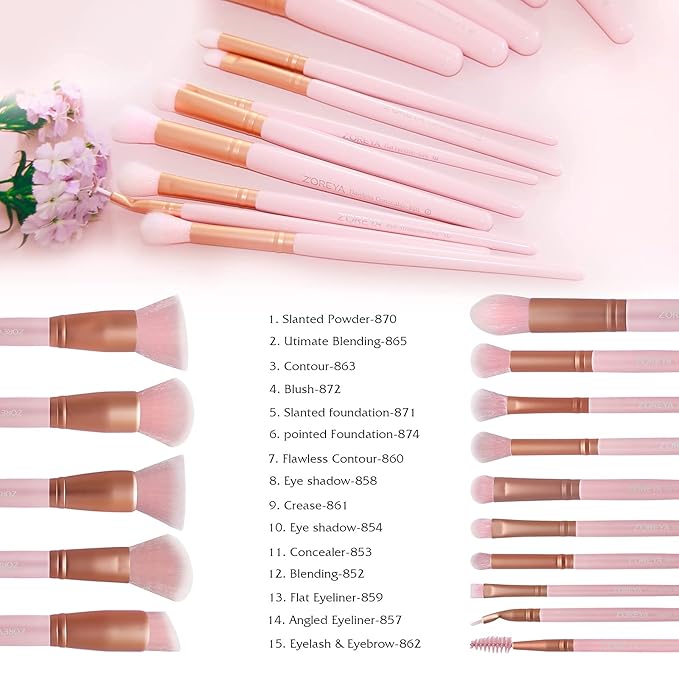 Z'OREYA Makeup Brushes 15Pcs Makeup Brush Set Premium Synthetic Kabuki Brush Cosmetics Foundation Concealers Powder Blush Blending Face Eye Shadows Brush Set (Pink)