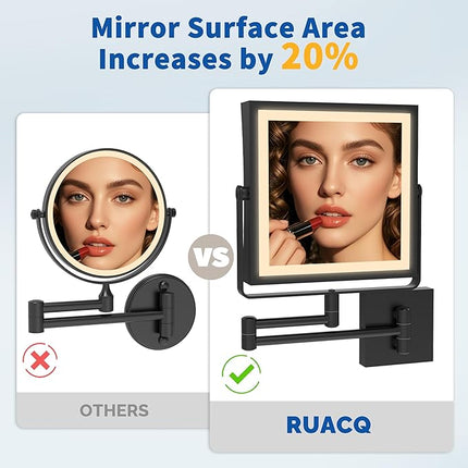 Ruacq Rechargeable Wall Mounted Makeup Mirror with Lights, Double Sided 1X/10X Magnifying Vanity Mirror with 3 Color Lighting, Touch Screen Dimmable, 360° Rotation Extension Foldable Arm(Matte Black)