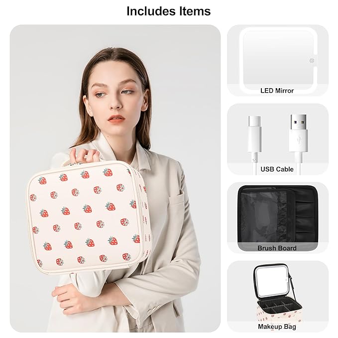 Makeup Bag With LED Mirror, Travel Makeup Case with Light up Mirror Fashion Cute Cosmetic Bag with 3 Color Lighted Portable Organizer Case with Adjustable Dividers （Strawberry/Beige,Small）