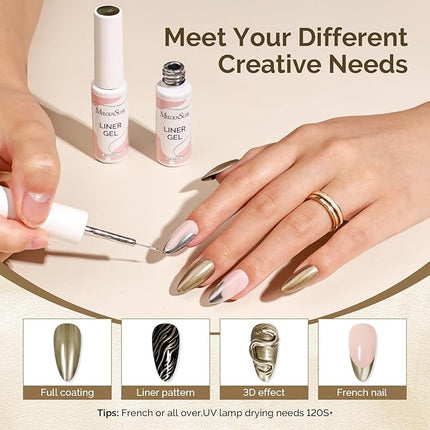 MelodySusie Metallic Gel Liner Nail Art Silver Bronze Gold Set Mirror Chrome 3D Effect,for Line and Patterns of Painting,French Nail Tips,DIY Manicure Pedicure for Home DIY Salon Use 8ML 2Pcs