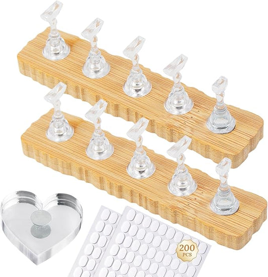 Nail Stand for Press On Nails Art Display Practice 2 Sets, 1 Heart Shaped Acrylic Magnetic Nail Stands, Fake Nail Holder Tips With 200 PCS Double-Sided Tape, Nail Kit Home DIY Salon Supplies