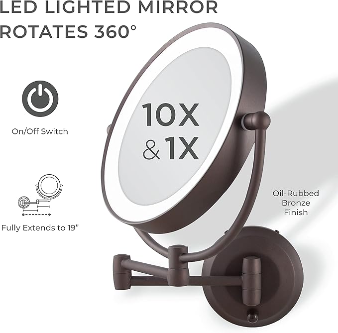 Zadro 11" LED Wall Mounted Makeup Mirror 10X/1X Shaving Mirror Cordless or Battery Operated Vanity Mirrors for Wall (Large | 10X/1X | 11" x 14.5", Oil-rubbed Bronze)