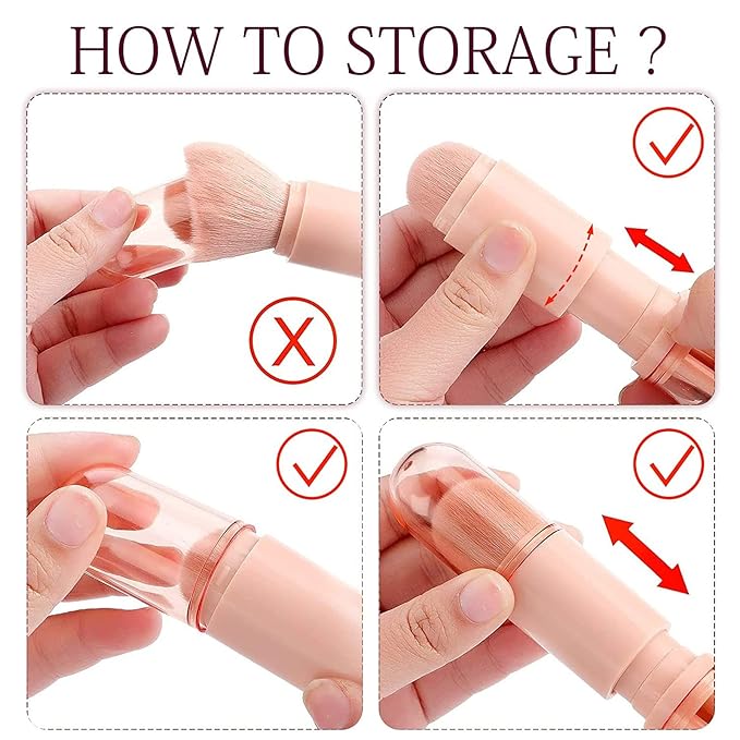 Vtrem Makeup Brushes Set Portable - 4 in 1 Travel Powder Brush, Lip Brush, Eyeshadow Brush, Highlight Brush, Foundation Blending Powder Brushes Retractable Make Up Brushes Set, Pink