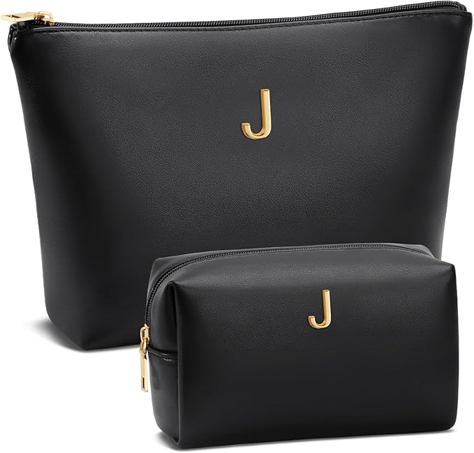 Women Gifts | Initial Makeup Bag Set for Girl Personalized Gifts for Bridesmaid Friend Graduation Teachers PU Leather Cosmetic Travel Toiletry Bag(Black,J)