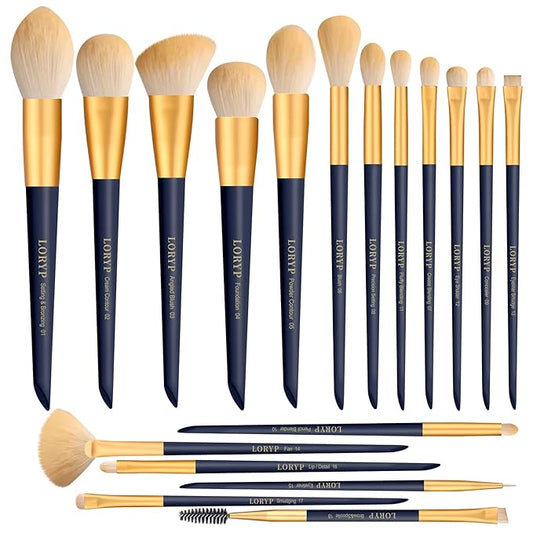LORYP Makeup Brushes Set Labeled 18 Piece Face and Eye Brush Set Ultra soft hair Foundation, Concealer, Blush, Contour, Blending, Eyeshadow Blue Brush kit
