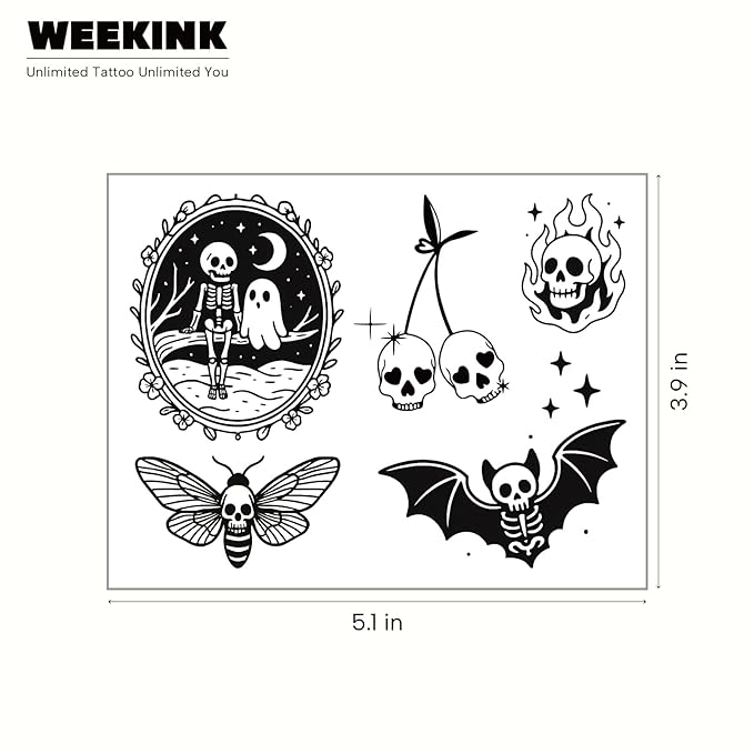 Skeleton Skull Temporary Tattoos for Men & Women – 5 Unique Skull Designs, Gothic & Spooky Tattoo Set for Adults, Realistic & Long Lasting for 2 Weeks
