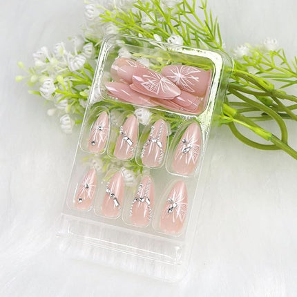 Almond Press on Nails Medium Fake Nails Nude Pink Nails Press ons with 3D Rhinestones Silver Pearl Designs Acrylic Nail Glossy Stick on Nail for Women 24 Pcs