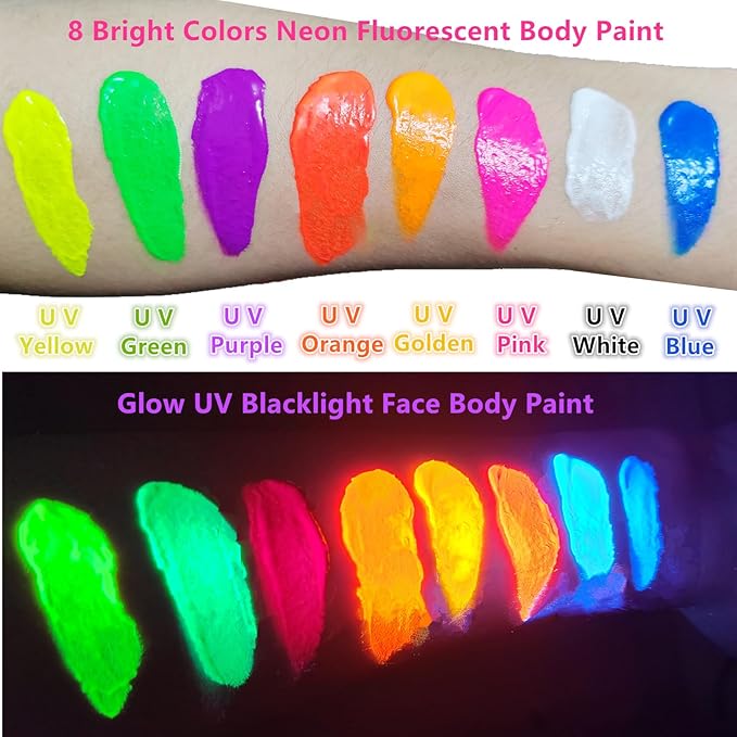 Go Ho UV Blacklight Neon Yellow Face Body Paint,Water Based Bright Color Neon Fluorescent Body Paint with Cushion Applicator,Glow In The Dark Under UV Lighting Party Halloween Makeup Washable