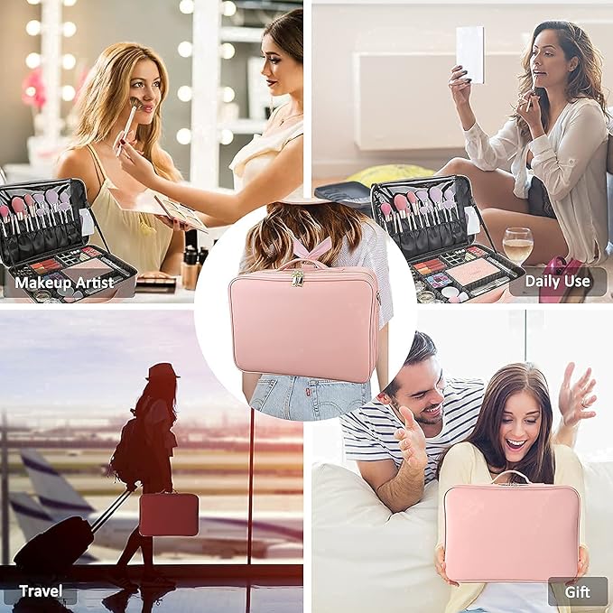 JOURMON Travel Makeup Case Portable Makeup Train Case Organizer Cosmetic Bag with Adjustable Dividers and Shoulder Strap for Makeup Brushes Toiletry Travel Accessories(Pink, L)