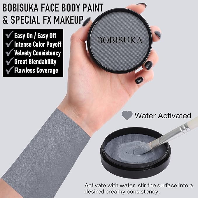BOBISUKA Grey Face Body Paint, Water-Based Face Painting Kit & Body Paints, Kids Adults Facepaint for Halloween Zombie Grayscale Homestuck Raven Goth Makeup, Costume Cosplay Party Theater & Stage