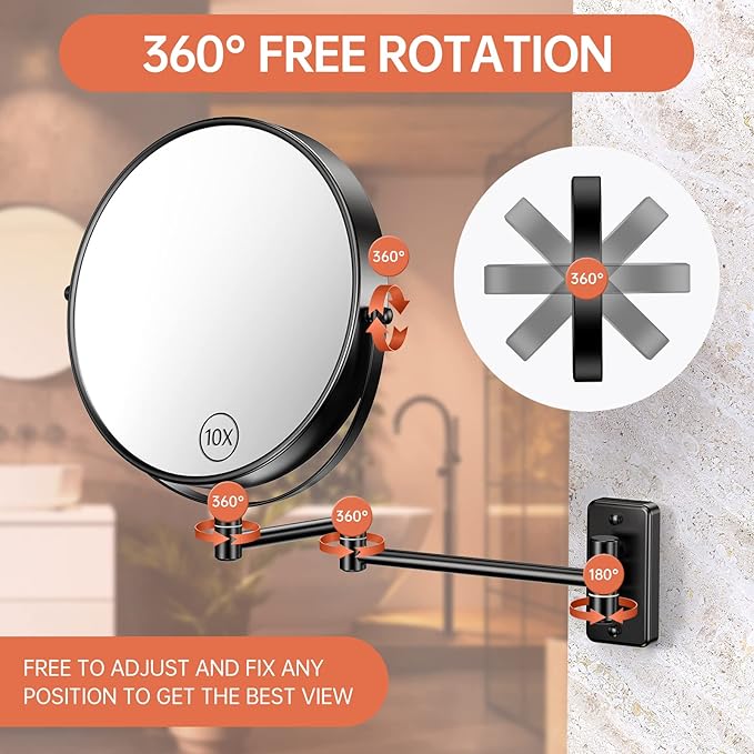 Benbilry 9" Large Size Wall Mounted Makeup Mirror, 1X/10X Magnifying Double Sided Shaving Mirror for Bathroom, 360° Swivel Extendable Arm, Black