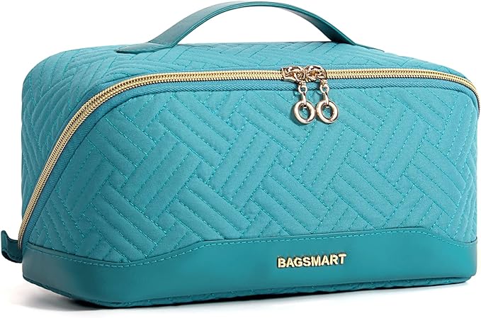 BAGSMART Makeup Bag Cosmetic Bag, Travel Makeup Bag,Water-resistent Makeup Bags for Women Portable Pouch Open Flat Make Up Organizer Bag for Toiletries, Brushes, Teal