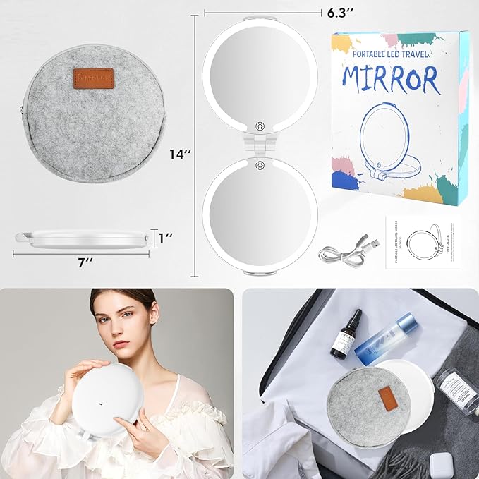 FUNTOUC Travel Mirror with Light, 1X/10X Double Sided Magnification Makeup Vanity Mirror with 3 Color Setting, Chargeable Foldable Portable Travel Essential Vanity Mirror with Bag