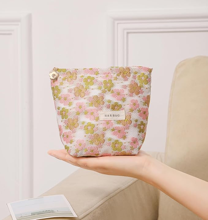 2 Pcs Makeup Bags, Large Cosmetic Bag Travel Toiletry Bag Organizer for Women, Embroidery Craft, Floral Makeup Bag Small Cosmetic Pouch Purse with Zipper Gifts for Girls Teen
