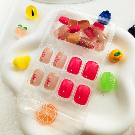 Square Press on Nails Short Fake Nails Rose Red Yellow Flowers Design Glue on Nails Flower Acrylic Nails Press ons Rose Red Full Cover False Nails Glossy Stick on Nails for Women Girls 24 Pcs