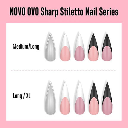 NOVO OVO Long XL Sharp Stiletto Pointed Nail Tips Press on, Extra Long Thick Soft Gel Double Matte Clear Fake Nail Extension, Full Cover False Nails for Acrylic, for Salon DIY x 16 Sizes 480 pcs