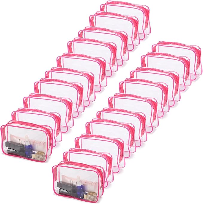 Tbestmax 20 Pack Clear Cosmetic Bags Makeup Bags Portable Waterproof Travel Toiletry Bags Organizer Rose Red, 7.5"x 4.8"x 2.3"
