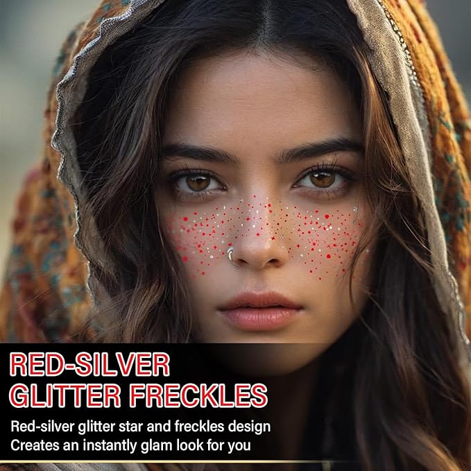 10 Pcs Red-Silver Dual-tone Glitter Freckles, Double Colors Glitter Freckles Face Tattoo, Waterproof Face Sparkle Freckles, Long-lasting 48h Freckles Special for Christmas