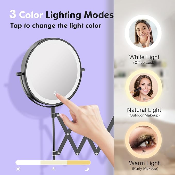 Rechargeable Wall Mounted Makeup Mirror - 8 Inch Double Sided 1X/10X Magnifying Mirror with 3 Color Lights Dimmable Touch Screen, 360°Swivel 19.6 Inch Extendable Accordion Bathroom Mirror - Black