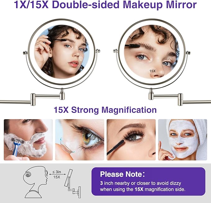 Magnifying Mirror with Lights 1x/15x: 8.5" Double Sided Wall Mounted Lighted Makeup Mirror for Bathroom, Brushed Nickel