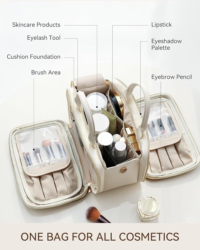 Prite Makeup Bag for Women, Large Capacity Waterproof Travel Cosmetic Organizer, Portable Open Flat Toiletry Bag with Free-standing Brush Holder and Handle(Beige Medium)