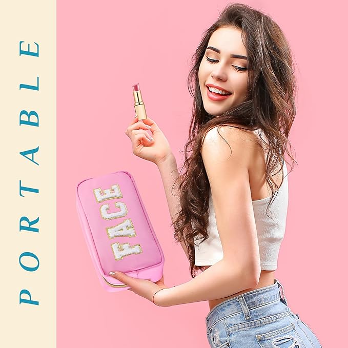 Cunno 4 Pcs Preppy Makeup Bags Chenille Letter Stuff Bag Nylon Cosmetic Pouch Cases with Zipper for Women Travel Toiletry