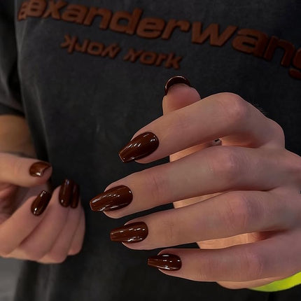 Brown Press on Nails Medium Coffin Fake Nails Press ons, KXAMELIE Full Cover False Nails Tips Medium Length Glue on Nails Natural Thick Long Acrylic Nails 24Pcs Solid Color Coffin Nails for Women