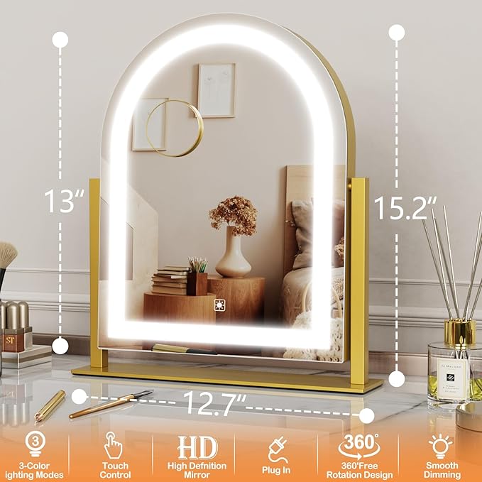 Lighted Makeup Mirror, Hollywood Vanity Mirror with Lights, Three Color Lighting Modes, and Detachable 10X Magnification Mirror, Smart Touch Control, 360°Rotation (15.2in. Curved)