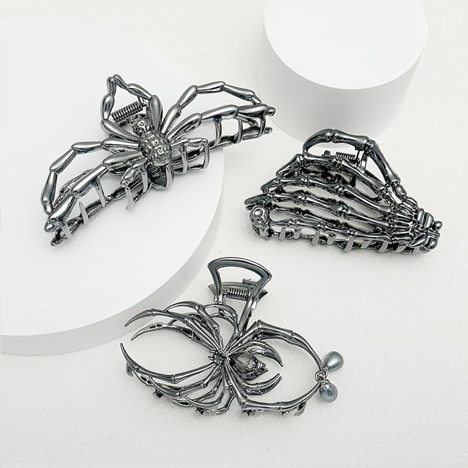 3 Pieces Large Metal Spider Net Hand Hair Claw Clips for Women and Girls Thick Long Hair, Nonslip Skeleton Spooky Barrette Headband Hair Styling Accessories for Halloween Christmas Gifts