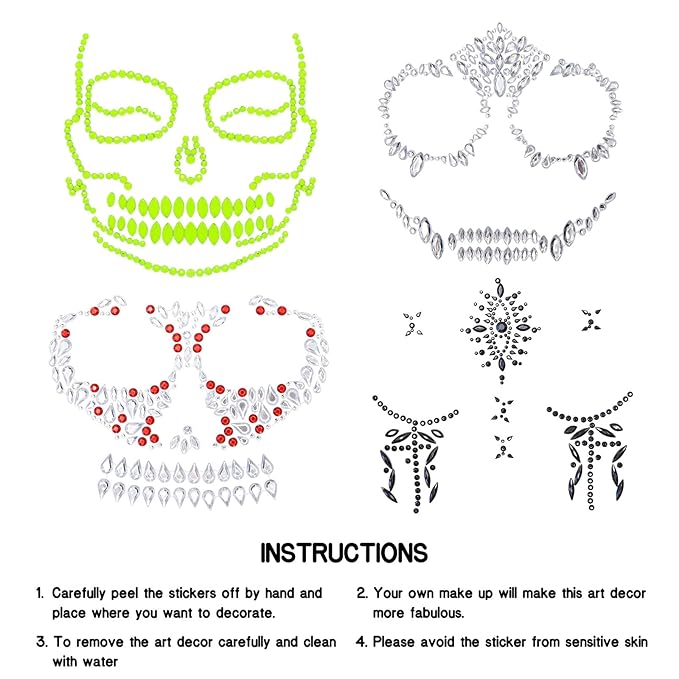 4 Pcs Halloween Face Gems Tattoos,Day of the Dead Face Temporary Skull Halloween Rhinestone Face Jewels Tattoos Body Makeup Stickers for Halloween Rave Party