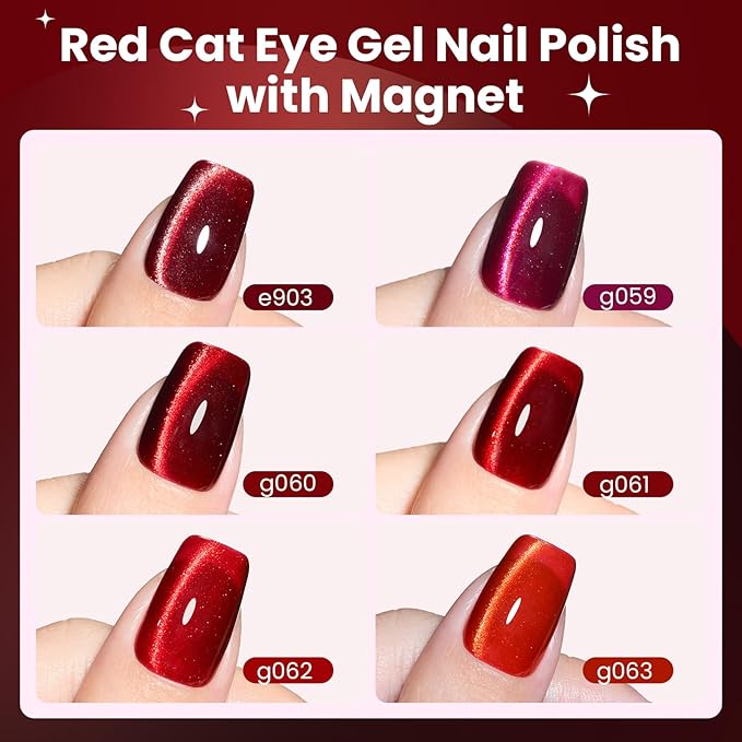 Beetles Red Cat Eye Gel Nail Polish Set - Sultry Burgundy Cat Eye Gel Polish, 6 Colors Burgundy Dark Red Glitter Red Magnetic Fall Gel Polish Kit Soak Off UV Nail Art Salon DIY Manicure Gift for Women