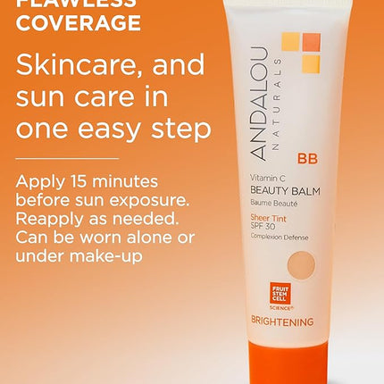 Andalou Naturals Vitamin C BB Beauty Balm Sheer Tint SPF 30 - 2-in-1 BB Cream & Mineral Sunscreen for Face - With Non-Nano Zinc Oxide Skin Protection - 2 fl oz