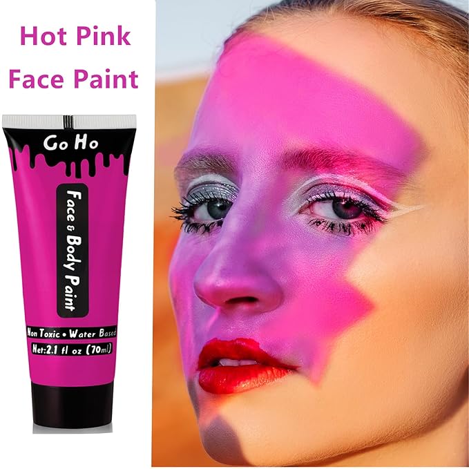Go Ho Hot Pink Body Paint Washable(2.37oz/pc),Water Based Cream Hot Pink Face Paint,Pink Face Body Paint for SFX Cosplay Costumes Festivals Halloween Makeup