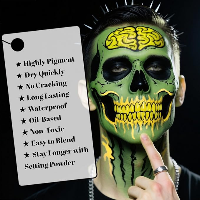 Black Yellow Bright Green Body Paint, Waterproof SFX Makeup for Adult Halloween Cosplay Witch Monster, Full Coverage Non-Toxic Face Painting for Stage Performances and Festival Designs