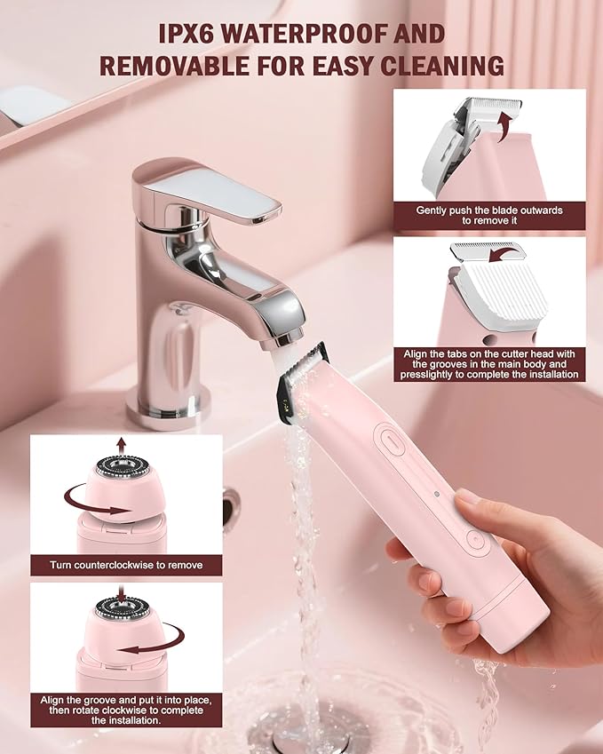 2 in 1 Women Electric Shaver - Dual Head Bikini Trimmer for Women Waterproof Wet & Dry Use Body Hair Trimmer and Facial Hair Remover, Painless Razors for Bikini Underarm Leg Arm Body Face, Pink