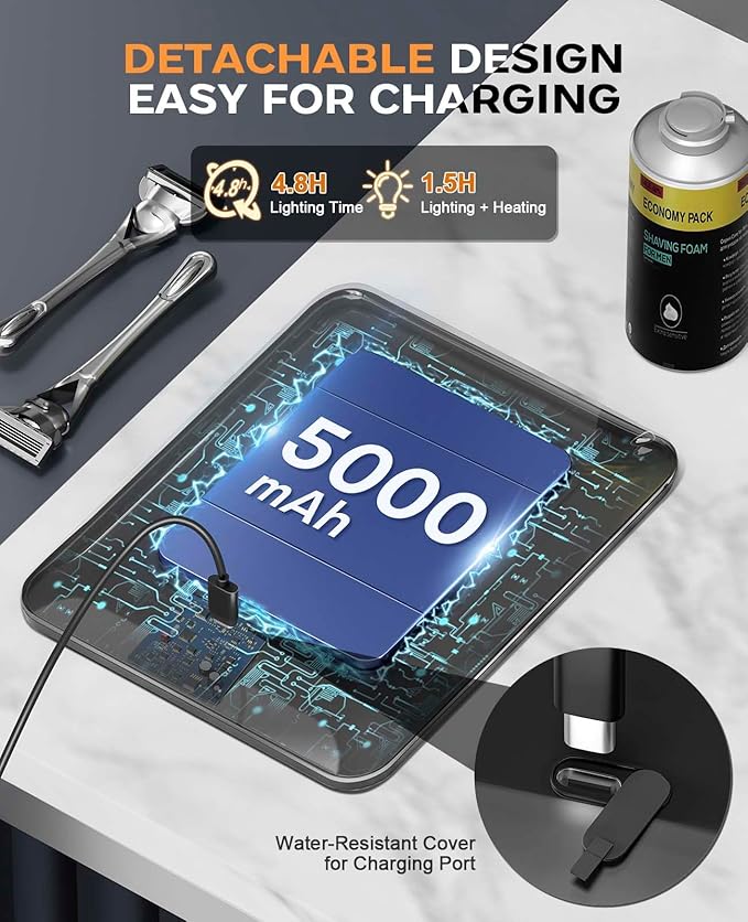 Shower Mirror Fogless for Shaving 7x9in Heated Anti Fog Mirror 3 Color Dimmable Lighted Mirror Rechargeable with Storage Tray Razor Holders 360° Rotatable Black Fog Free Bathroom Mirror for Men