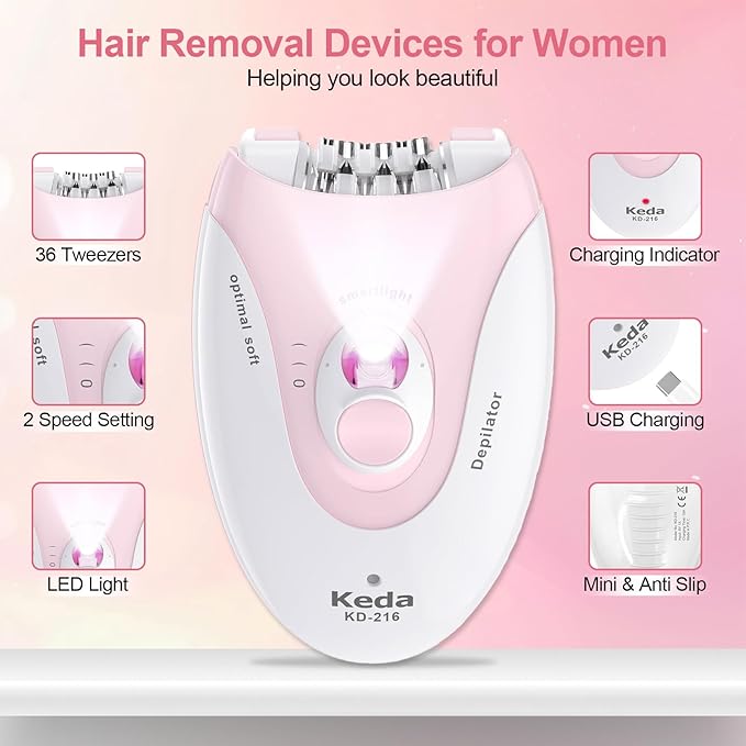 Smooth Glide Epilator for Women, Epilators Hair Removal for Face, Epilators with LED Light, 2 Speed Hair Removal Device, Pluxy Facial Hair Removal for Armpit, Arm, Leg, Bikini, Face, Body