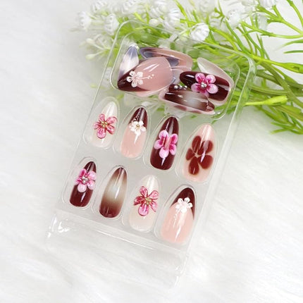 Almond Press on Nails Medium Fake Nails with 3D Flower Gold Pearl Designs French Tip Nails Press ons Pink Acrylic Nail Glossy Glue on Nail Gradient Stick on Nail for Women 24 Pcs