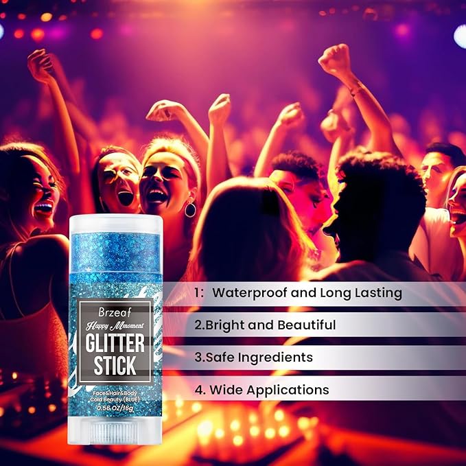 Brzeaf Waterproof Blue Glitter Stick, Halloween Festival Rave Accessories, Safe Ingredients & Long Lasting, Hair Eyeshadow Face Glitter Stick, Singer Concert Music Rave Festival, Glitter Makeup