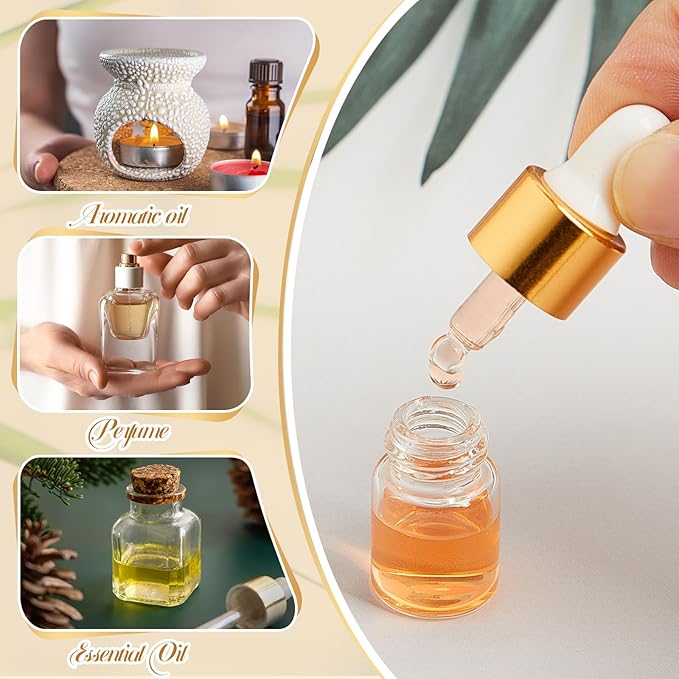 100 Pcs Mini Glass Oil Dropper Bottle Bulk, Clear Essential Small Empty Bottles Sample Containers Perfume Liquid Vials with Cap for Traveling (2 ml,Gold)