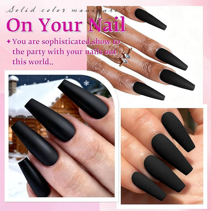 LoveOurHome 100pc Matte Coffin Press on Nails Long Fake Nails Black False Nails Medium Ballerina Acrylic Nails Press ons Nail Coffin Artificial Nails Women Girls Black Fake Fingernails 10 Sizes