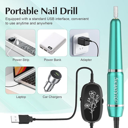 JIASHENG USB Electric Nail Drill, Portable Electric Nail File for Acrylic Gel Nails, Professional Drill Nail Kit Manicure and Pedicure Kit with Drill Bits for Home and Salon Use, Green